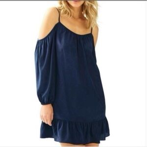 Lilly Pulitzer Candice Navy Silk Open Shoulder Boho Mini Dress Ruffle Hem